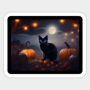 Handsome black cat in a pumpkin patch Sticker